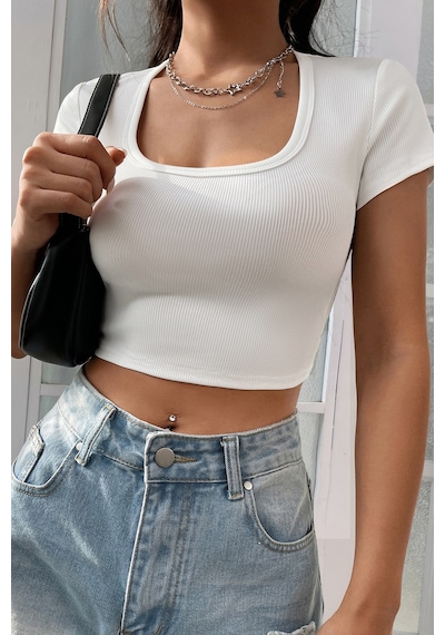 Angbutik Kadın Beyaz Yarım Kol Düz Yaka Crop Top Bluz