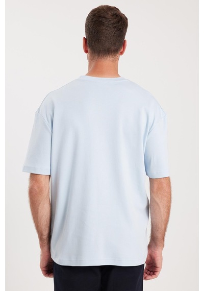 Tudors Unisex Oversize Geniş Kesim %100 Pamuk Yumuşak Dokulu Basic Bisiklet Yaka Mavi Tişört-35184 Mavi