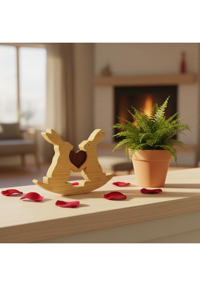 Simdale Wood İsimli Birleşen Kalpler İkili Tavşan Biblo - Puzzle Tasarım