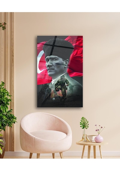 Atatürk Portre Ve Türk Bayrağı Cam Tablo Modern Ev Ofis Salon Hediyelik Büyük Tablo Duvar Dekoru44