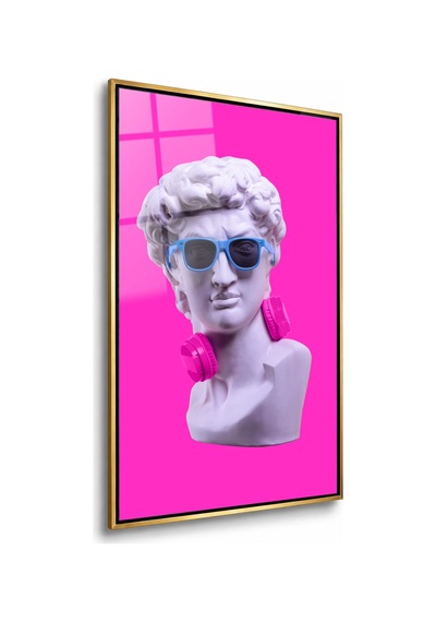 Gözlüklü Ve Kulaklıklı Pop Art Büst Gold Çerçeveli Cam Tablo