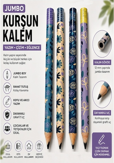 Jumbo Kurşun Kalem 4 Adet Silka 1523 Çiçekli Jumbo Kalın Kalem Hb Kolay Tutuş Dereceli Kalem Kurşun Kalem Siyah