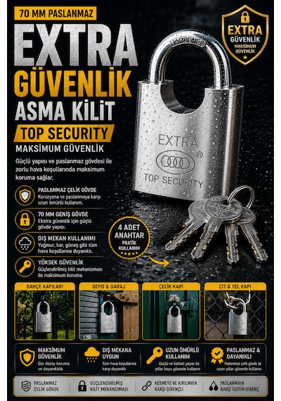 70 Mm Paslanmaz Asma Kilit 4 Anahtarlı Çelik Güvenlik Kilidi Dış Mekan Bahçe Depo Garaj Çit Kapısı İçin Kesilmeye Ve Delinmeye Karşı Ekstra Dayanıklı