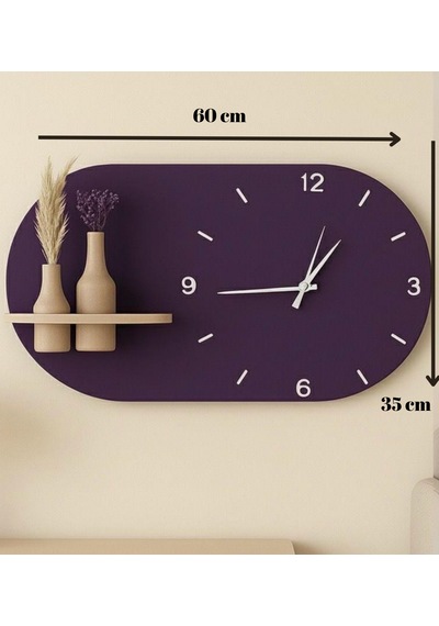 Modern Tasarım Raflı Nera Duvar Saati 60x35 Mor
