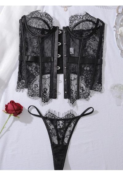 Havens Mondio Corset Büstiyer G-string Set Siyah