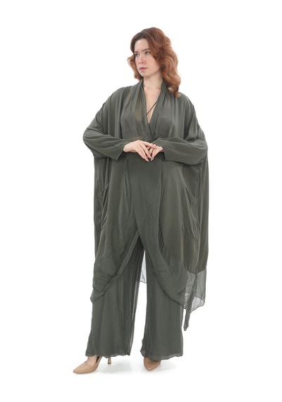 Bohem Stil Italyan Ipek Detaylı Oversize Kap Bluz- Wes Pantolon Takım-8789 Haki