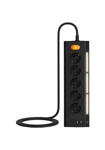 5 Li Köşe Priz 2 Usb-a 2 Usb-c Girişli 2 Metre Kablolu Gece Işıklı Akım Korumalı Masaüstü Çoklu Priz 3680w 1 - 3 M