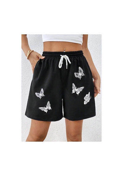 Tarzsokak Butterfly Print Drawstring Waist Şort Siyah