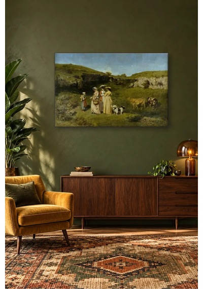 Fida Courbet Kırda Gezinen Köylü Hanımlar Canvas Tablo Çok Renkli
