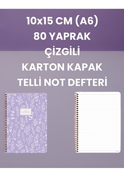 10x15 Cm A6 80 Yaprak Çizgili Karton Kapak Telli Not Defteri Mor