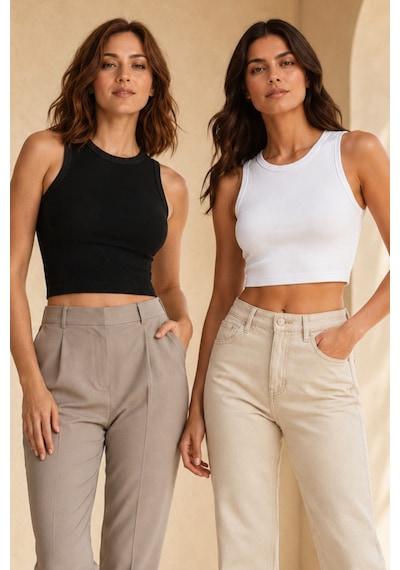 Loule Kadın 2'li Bisiklet Yaka Kolsuz Fitilli Crop Top Siyah-beyaz Siyah - Beyaz