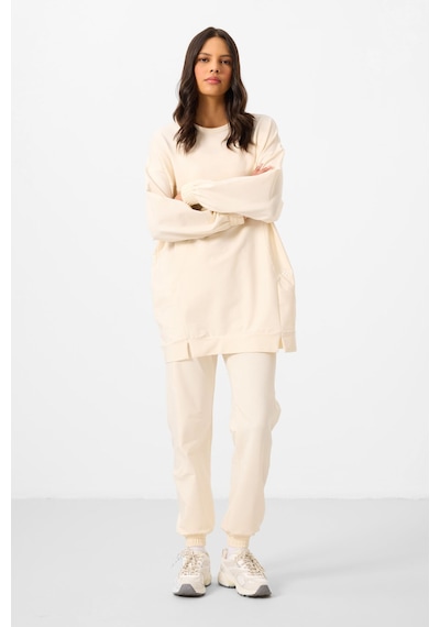 Ekru O Yaka Basic Oversize Kadın Eşofman Tunik Takım - 95347 Ekru