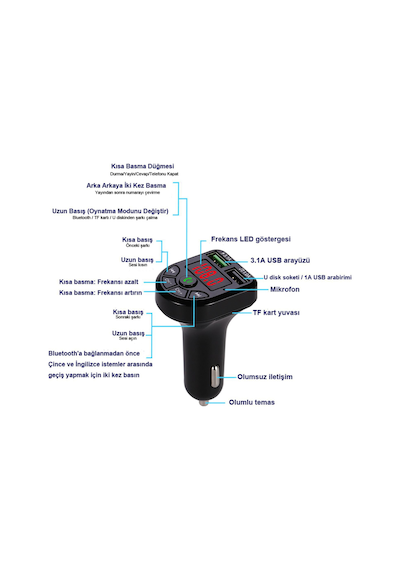Araç Fm Transmitter Bluetooth Usb Mp3 Sd Kart Çakmaklık Girişli