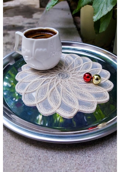 6 Adet Fransız Tarzı Modern Krem Simli Bardak Altlığı & Kokteyl P Beyaz