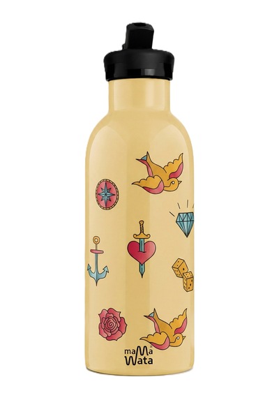Mamawata Tattoo Pipetli Çocuk Termos Matara 470 Ml Paslanmaz Çelik Sızdırmaz Yalıtımlı Suluk Krem