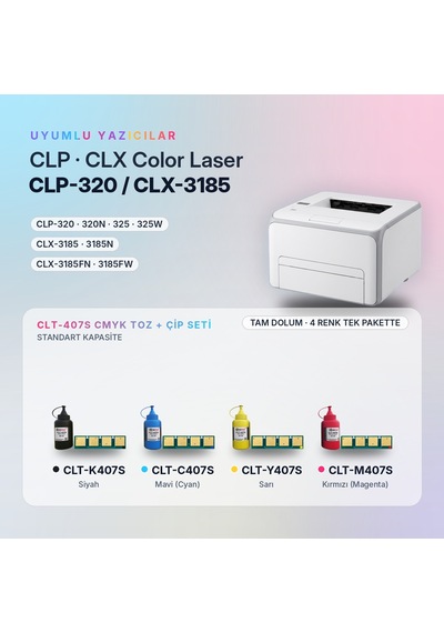 Samsung Uyumlu Clt-407s Toner Tozu + Çip Takım / Clp-320 / Clp-325 / Clx-3185 / Clt-k407s / Clt-c407s / Clt-m407s / Clt-y407s