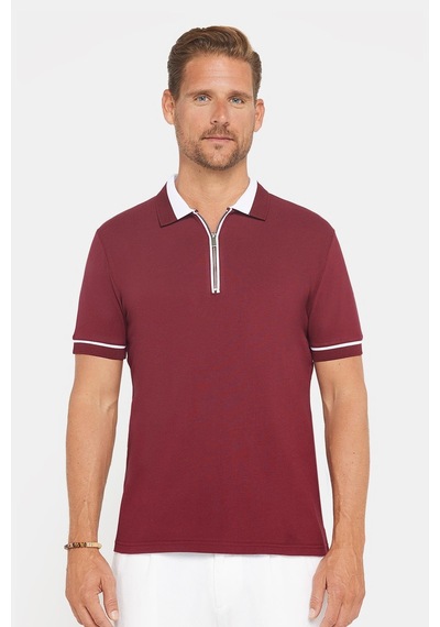 Tudors Erkek Slim Fit Dar Kesim %100 Pamuk Düz Pike Fermuarlı Bordo Polo Yaka Tişört-31111 Bordo