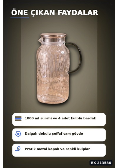 Kulplu 1800 Ml Cam Sürahi Ve 350 Ml 4 Bardak Seti - 5 Parça Şeffaf Bx-313586