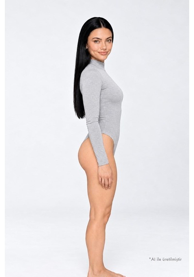 Cottonhıll Premium - Drape Collection Gri Melanj Viskon Balıkçı Yaka Uzun Kollu Çıtçıtlı Kadın Bodysuit