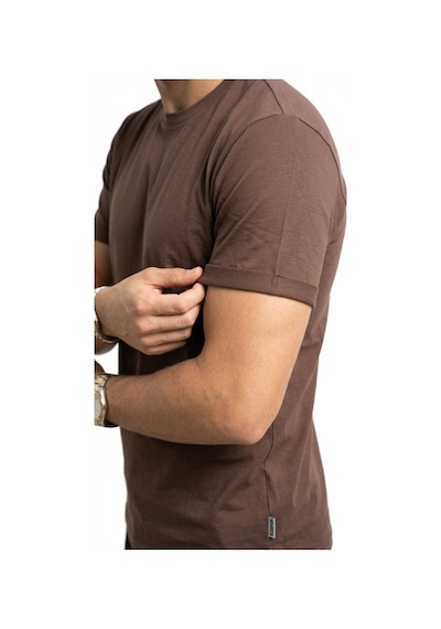 Plus Scorpion T02 Kol Katlama Erkek Slim Fit Basic Tişört Bisiklet Yaka, Düz Kumaş, Yazlık Model Kahverengi