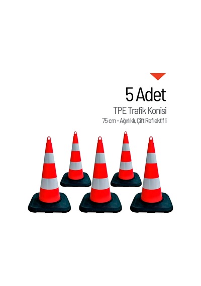 5'li Tpe Trafik Konisi Seti 75 Cm Ağırlıklı Çift Reflektifli Trafik Dubası-3607