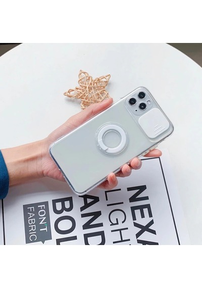 Ally iPhone Uyumlu 13 Pro Max 6.7inç Kılıf Sürgülü Kamera Lens Korumalı Yüzük Standlı Silikon Kılıf- 5775 Şeffaf