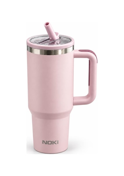 Nokı T-0137 1200 Ml Paslanmaz Çelik Tumbler Termos Bardak, Pipetli Yedek Kapaklı, Saplı Pembe