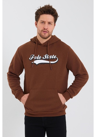 Polostate Erkek Baskılı Kapüşonlu 3 İplik Sweatshirt Kahverengi