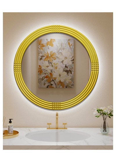 Led Işıklı Safir Altın Dekoratif İşlemeli Banyo Duvar Aynası 56 Cm Altın