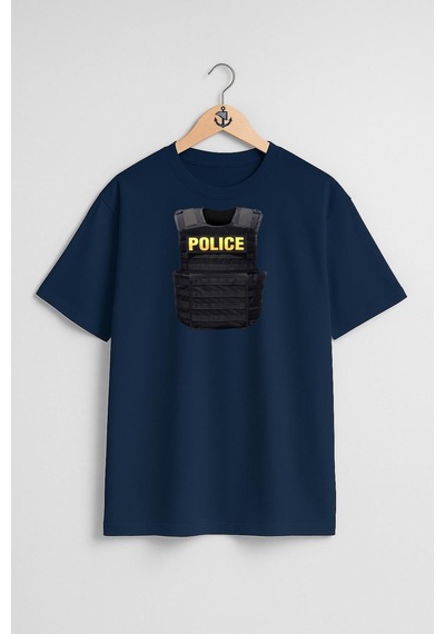 Bahriyeli Collection Oversize Polis Çelik Yelek Göğüs Tasarımlı Unisex T-shirt Lacivert