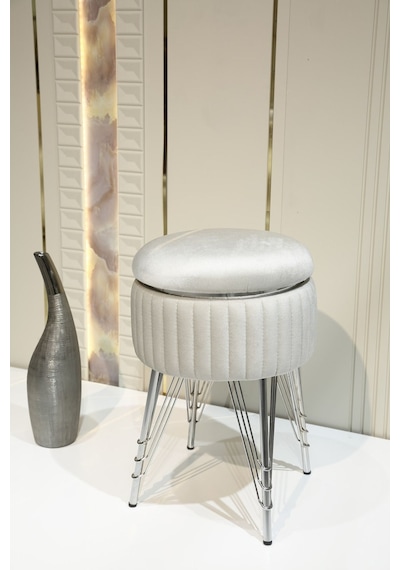 Bianco Metal Ayaklı Puflu Zigon Sehpa Krom Bej Chrome Beige