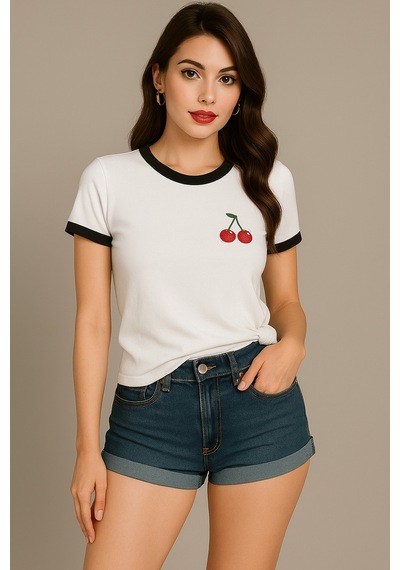 Kiraz Baskılı T-shirt - Beyaz Gövde Siyah Biyeli Oversize Bisiklet Yaka Kısa Kol Tişört Beyaz Kiraz Baskılı T-shirt - Beyaz Gövde Siyah Biyeli Oversize Bisiklet Yaka Kısa Kol Tişört Beyaz