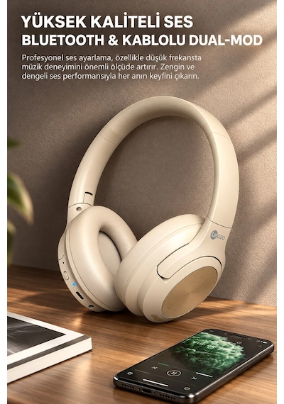 Exenar - Bej - Lecoo Es208 Kablosuz Kulak Üstü Kulaklık Bluetooth 5.3 Katlanabilir Mikrofonlu 20 Saat Şarjlı Hafif