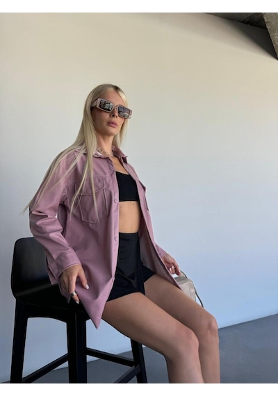 Kadın Pembe Oversize Düz Kesim Deri Ceket Pembe