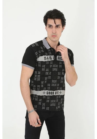 Erkek Polo Yaka Tişört Slim Fit Baskılı Kısa Kol T-shirt - Siyah