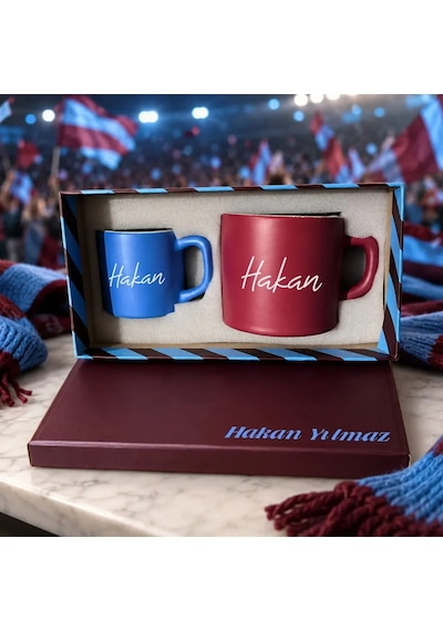 Bk Gift Kişiye Özel İsimli Kutulu Bordo Mavi Taraftar Renkleri Temalı İkili Seramik Kupa&fincan Seti-2 Çok Renkli