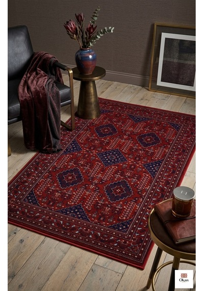 Premium Akrilik Bambu Halı - Kırmızı Klasik Uşak Desenli Salon Halısı 8mm Yumuşak Havlı Dokuma Taban Bordo