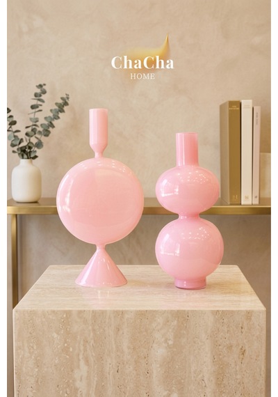 Chacha Home Noctıs Luxe Üfleme Cam Şamdan & Vazo Seti Pembe