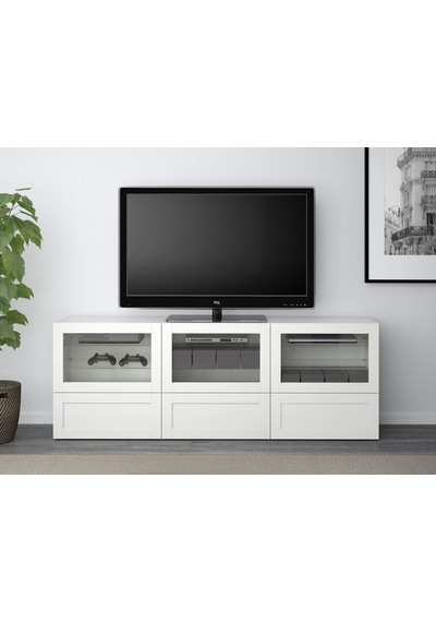 Tv Sehpası, Beyaz-şeffaf Cam, 180x40x64 Cm, Hanvıken/sındvık, Fren Raylı Beyaz Tv Sehpası, Beyaz-şeffaf Cam, 180x40x64 Cm, Hanvıken/sındvık, Fren Raylı Beyaz