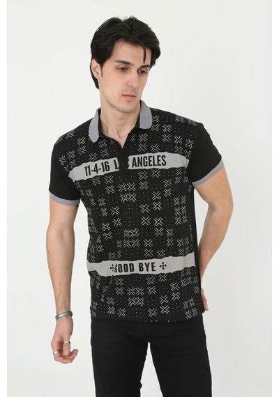 Erkek Polo Yaka Tişört Slim Fit Baskılı Kısa Kol T-shirt - Siyah
