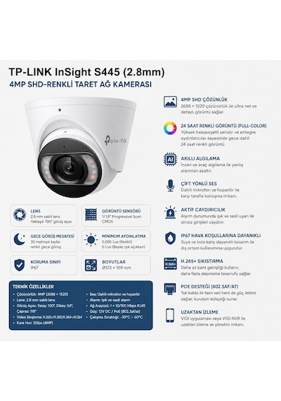 Tp-lınk Insight S445 4mp Full Color Ip Kamera 2.8mm Lens Aı İnsan Araç Algılama Mikrofonlu Hoparlörlü 30m Renkli Gece Görüşü Sd Kart Destekli Ip67 Poe Taret Ip Güvenlik Kamerası