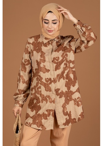 Sevitli Brokar Desenli Tunik-kahverengi-2252-kahverengi Kahverengi