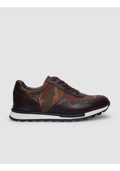 %100 Hakiki Deri Kahverengi Bağcıklı Kamuflaj Desenli Erkek Sneaker-kahverengi Kahverengi