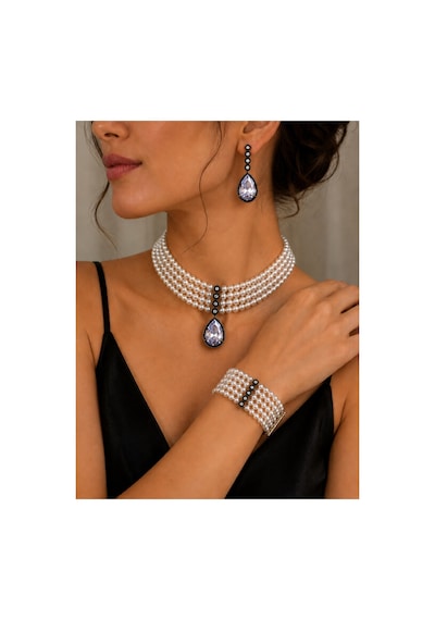 Zirkon Taşlı Tasma Choker İnci Kolye Su Yolu Damla Küpe Ve İnci Bileklik Seti Beyaz