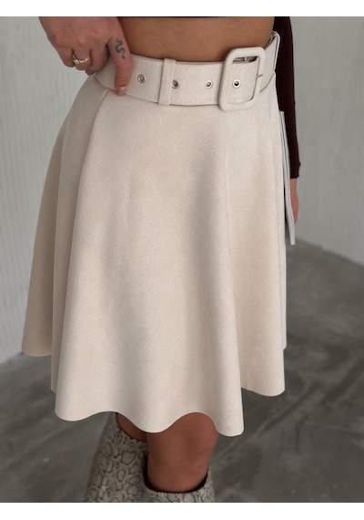 Ozy Fashion Kadın Krem Rengi Midi Boy Kemerli Süet Kloş Etek Krem