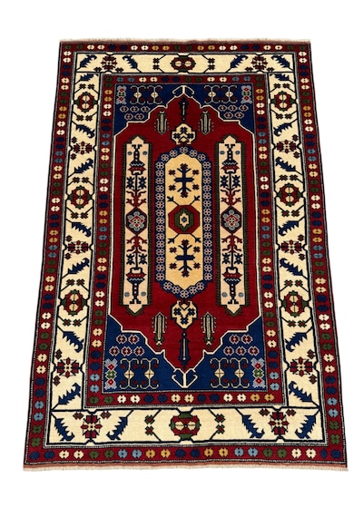 El Dokuması Kafkas Halısı 135x210 Kök Boyası %100 Yün Halı Lacivert