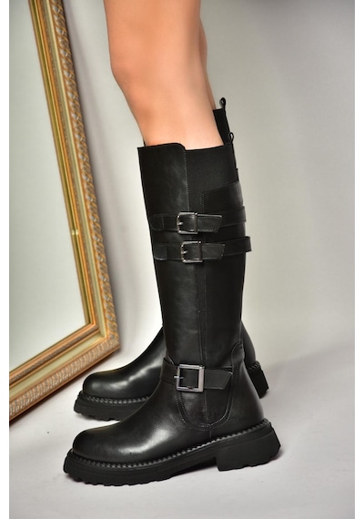 Fox Shoes T820857509 Siyah Düz Tabanlı Kadın Çizme Siyah-Suni Deri