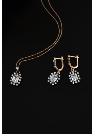 Papatya Silver 925 Ayar Gümüş Rose Kaplama Elmas Montür Kare Set