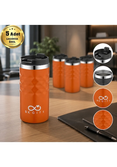 Bk Kurumsal Logonuza Özel 5 Adet 5340 Çelik Kupa 300 Ml Termos Özellikli Kurumsal Mug Turuncu