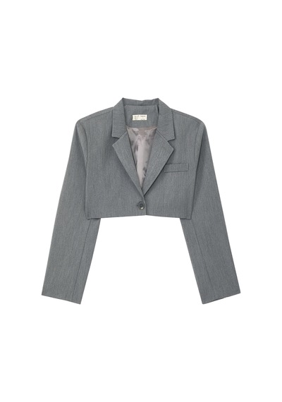 Reborn Society Kadınlar Için Şık Yaka Detaylı Crop Blazer Gri